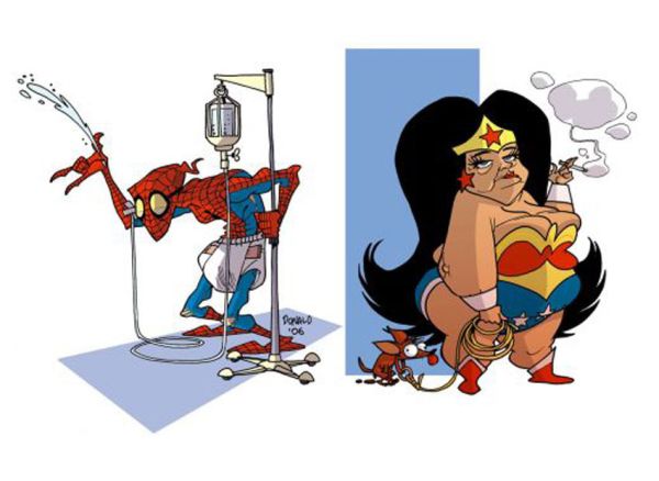Spiderman e Wonder Woman anziani